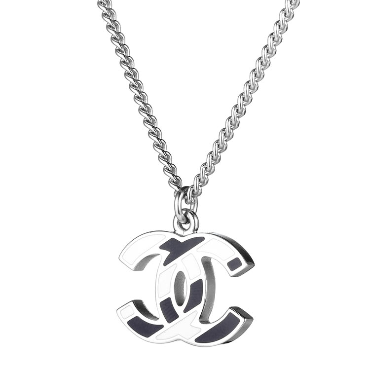 chanel(香奈儿) #银色链条黑/白色格纹珐琅经典双c吊坠项链
