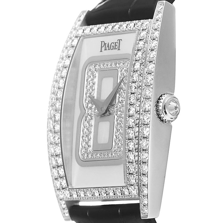 piaget(伯爵)750白金方形镶钻盘面绿色皮带女士石英腕表【正品 价格