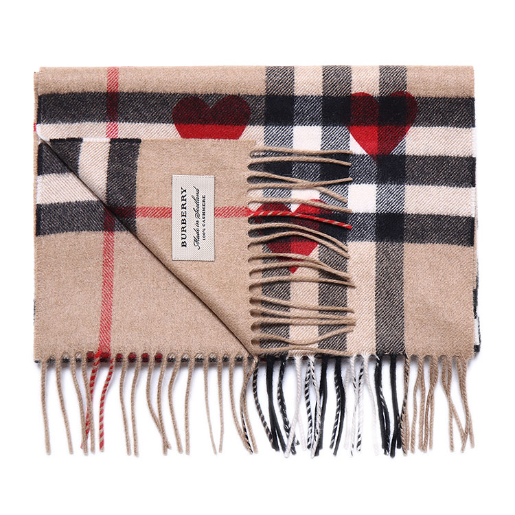 burberry(博柏利) 红色心形图案经典格纹羊绒围巾 168x30cm