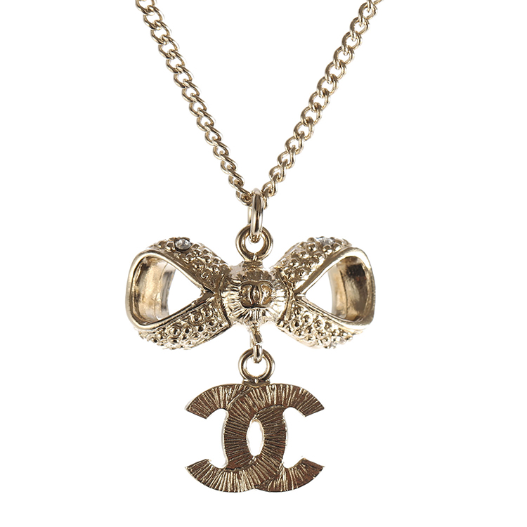 chanel(香奈儿) 浅金色双c镶水钻蝴蝶结吊坠项链