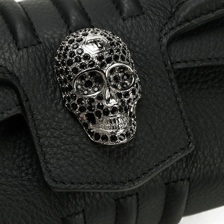 philipp plein(philipp plein) #黑色骷髅头扣牛皮斜挎包