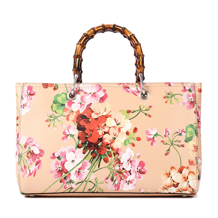 gucci(古驰) bamboo shopper杏色皮质粉色花朵竹节两用包