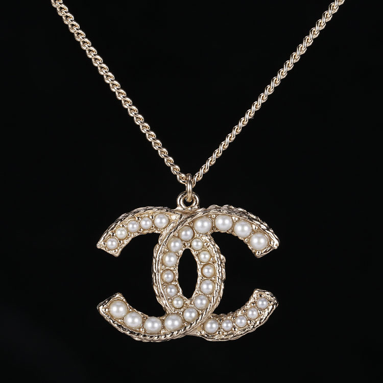 chanel(香奈儿) #浅金色大双c白色小珠吊坠项链