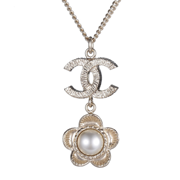 chanel(香奈儿) #浅金色双c logo花型珍珠吊坠项链
