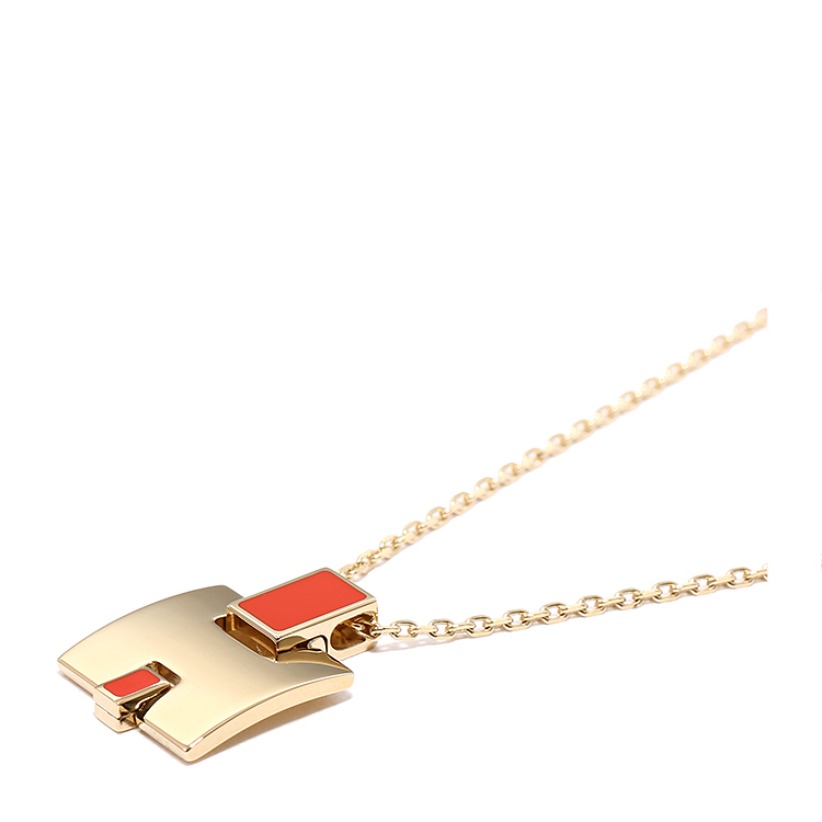 hermes(爱马仕) 红色珐琅方形h logo金色项链