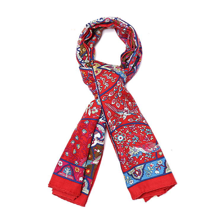 hermes爱马仕红色边彩色底花鸟图案羊毛围巾140