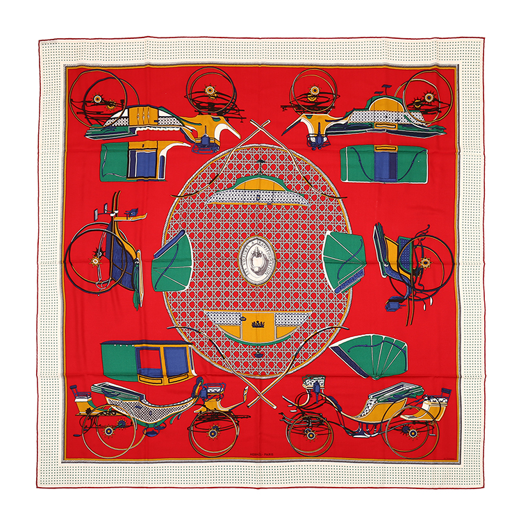 hermes爱马仕红底绿色方块边马车图案羊绒桑蚕丝围巾140140