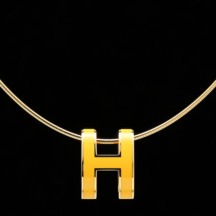 hermes爱马仕黄色珐琅椭圆h扣金色项链