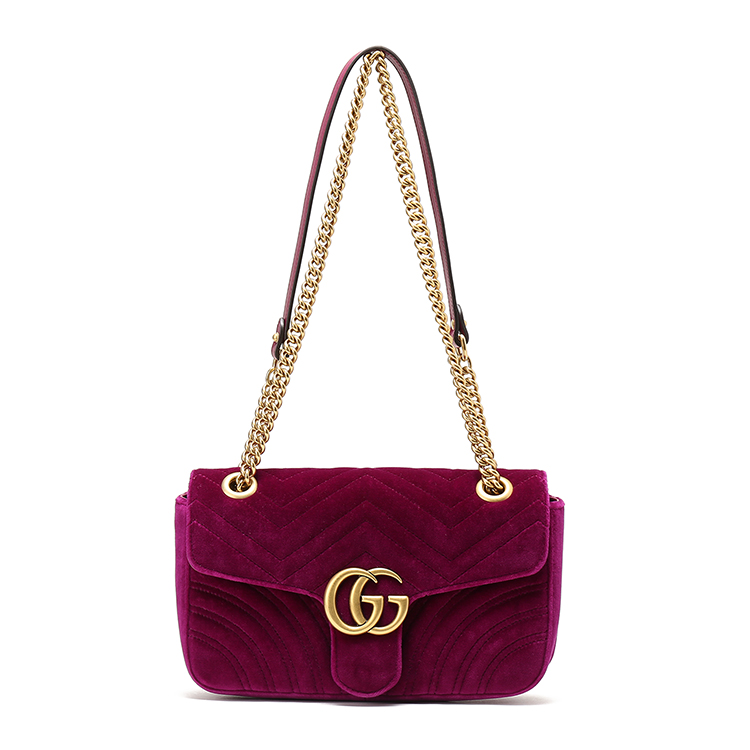gucci(古驰) 紫红色丝绒金链gg marmont单肩包