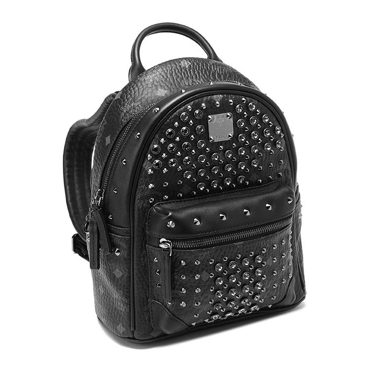 mcm(mcm) #黑色皮质铆钉水钻装饰双肩包