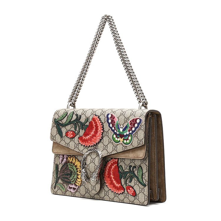 gucci古驰卡其色pvc花朵蝴蝶刺绣限量款酒神包