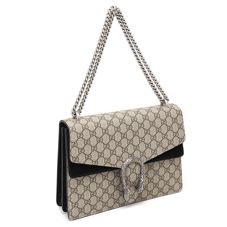 gucci(古驰)卡其色pvc黑色配皮大号酒神包