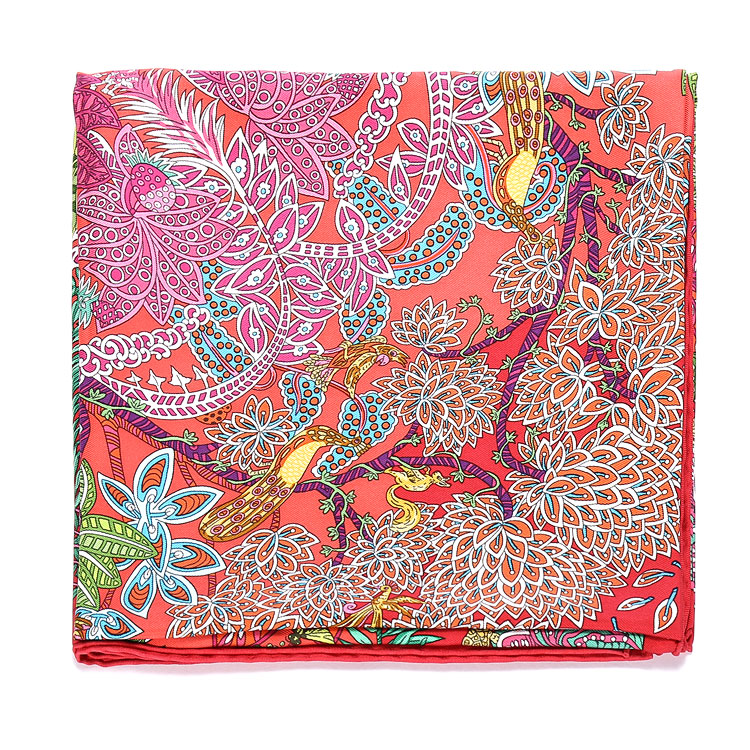 hermes(爱马仕) #牡丹红色花草图案丝巾90*90cm