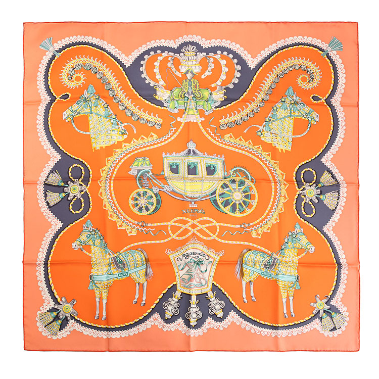 hermes(爱马仕) 橘色底马车图案丝巾90