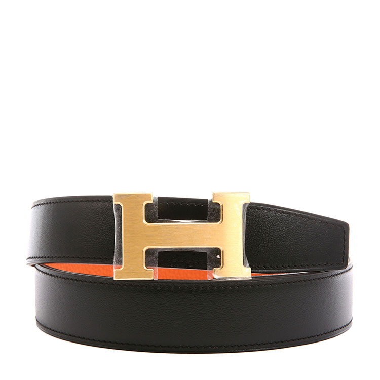 hermes(爱马仕) #黑拼桔色皮质金色拉丝h扣男士腰带 95cm