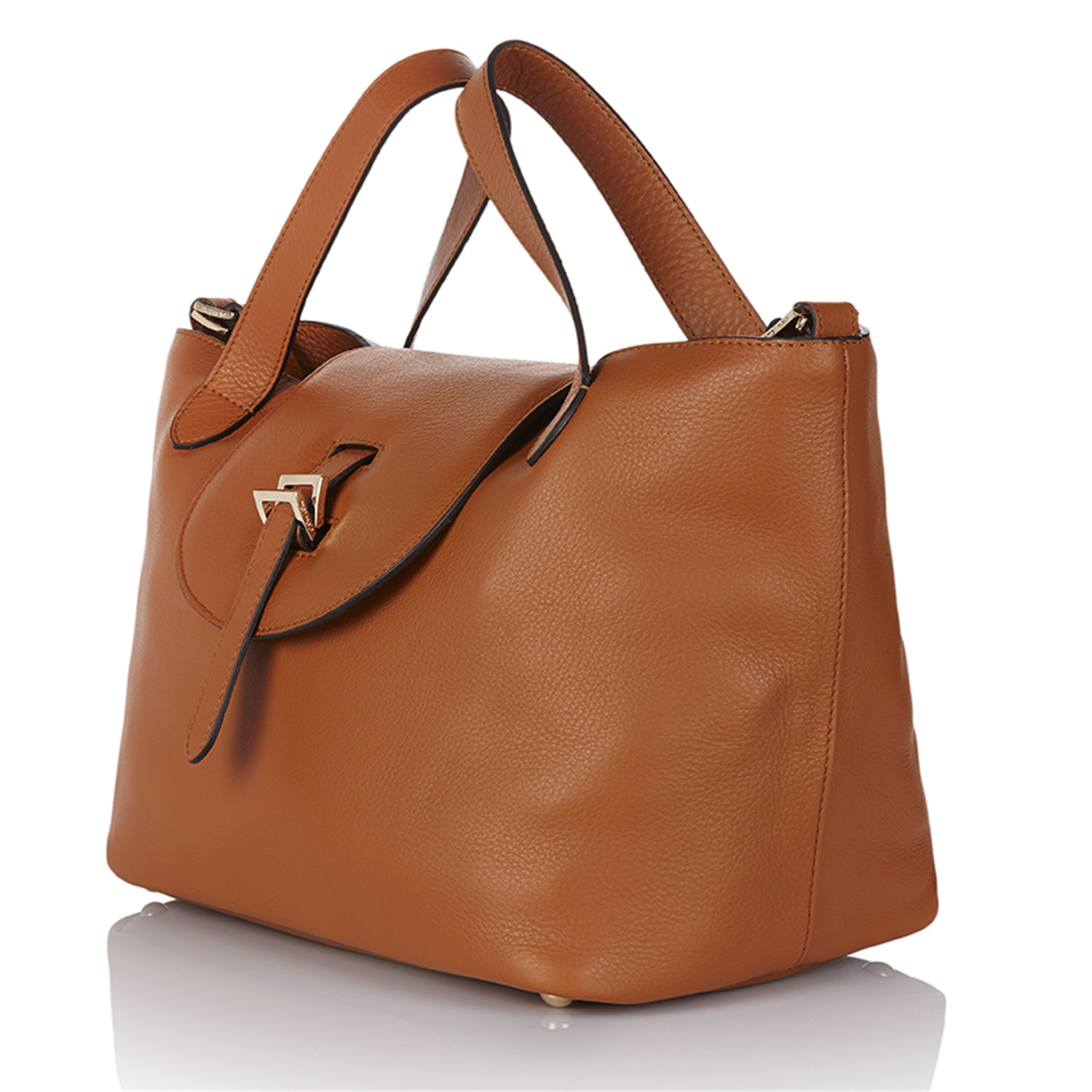 meli melo thela 系列女式棕色中型拉链小牛皮手提包经典英伦设计