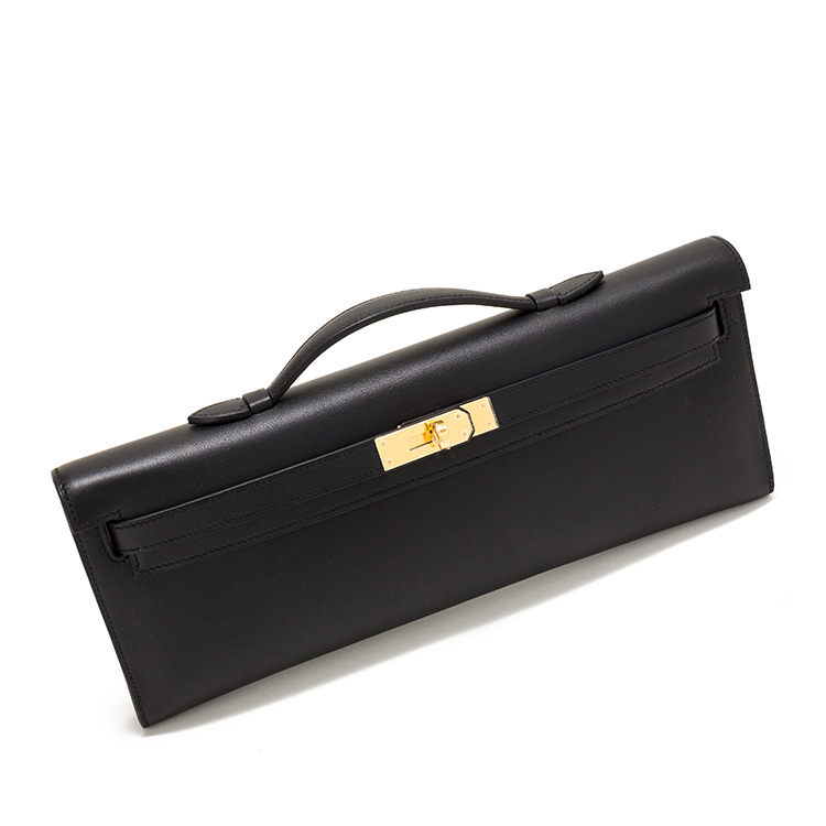 hermes(爱马仕) 黑色皮质金扣手拿包kelly cut