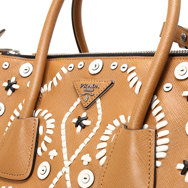 prada(普拉达) #棕色皮质编织图案手提两用包