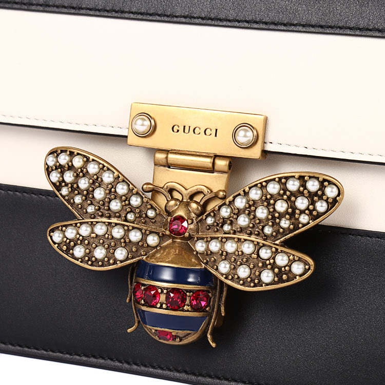 gucci(古驰)黑白拼色皮质蜜蜂装饰单肩包