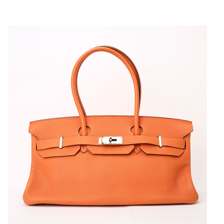 hermes(愛馬仕) 橘色皮質銀扣手提包shoulder birkin42