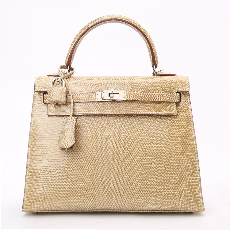 hermes(爱马仕) 浅绿色蜥蜴皮外缝银扣两用包 kelly 25