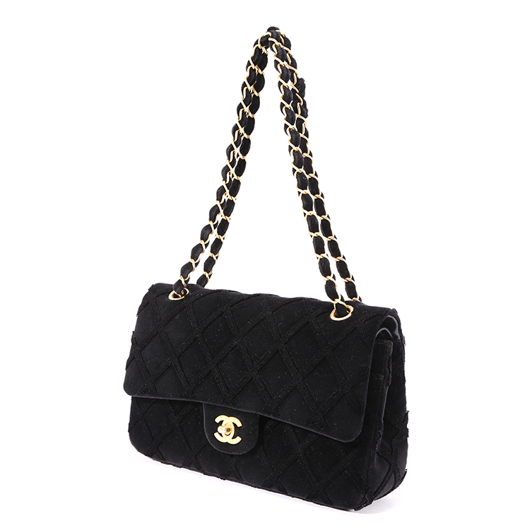 chanel(香奈儿)黑色绒布格纹cf单肩包