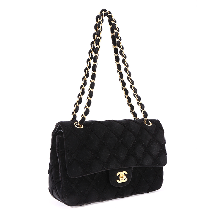 chanel(香奈儿)黑色绒布格纹cf单肩包