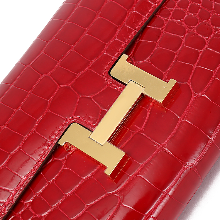 hermes(爱马仕) #酒红色鳄鱼皮方块金色h扣女士长款手拿包