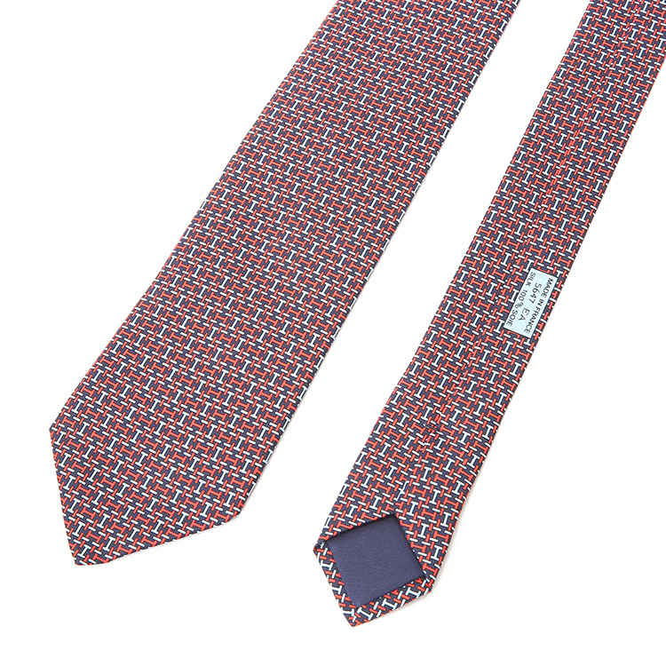 hermes爱马仕深蓝色底红蓝h图案印花领带