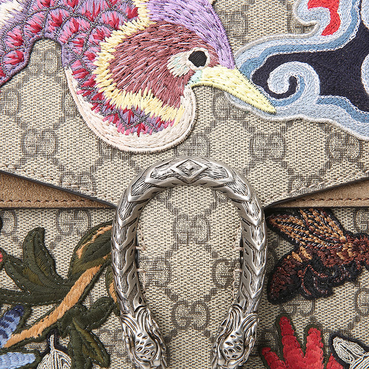 gucci(古驰) 经典款女士卡其色pvc花色刺绣图案单肩包