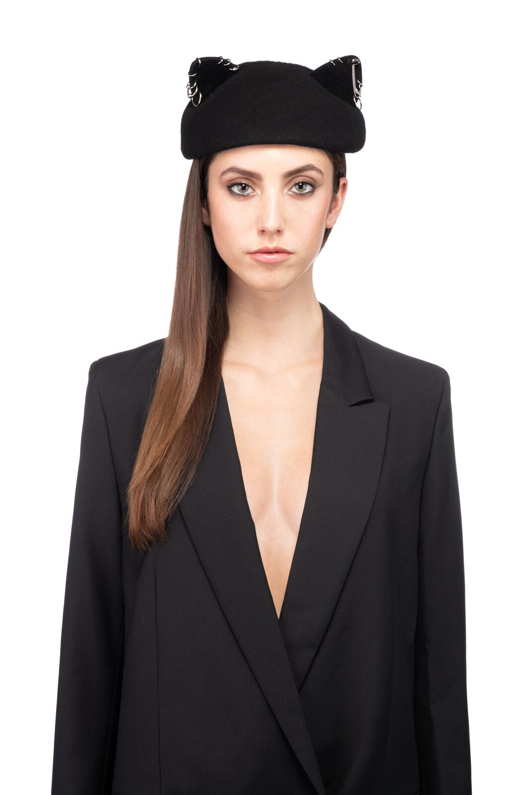 eugenia kim caterina 纯羊毛毡银色穿孔猫耳朵贝雷帽28066-17518