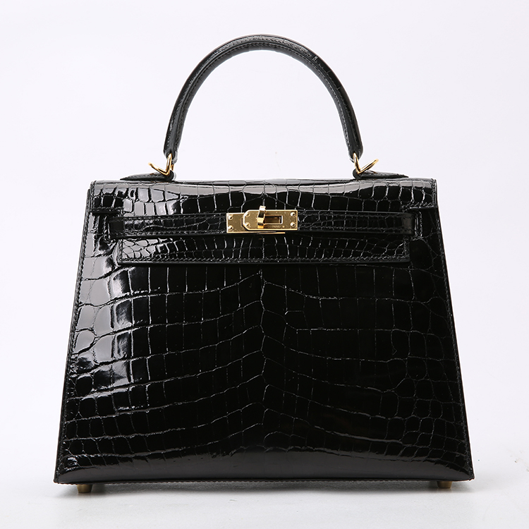 hermes(爱马仕) 经典kelly 25女士黑金鳄鱼皮外缝手提包 两点