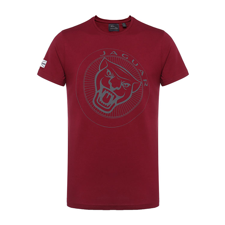 捷豹男士豹头图案短袖t恤-深红色