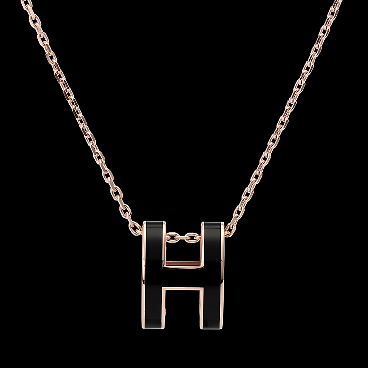 hermes(爱马仕) #黑色珐琅椭圆h扣金色项链