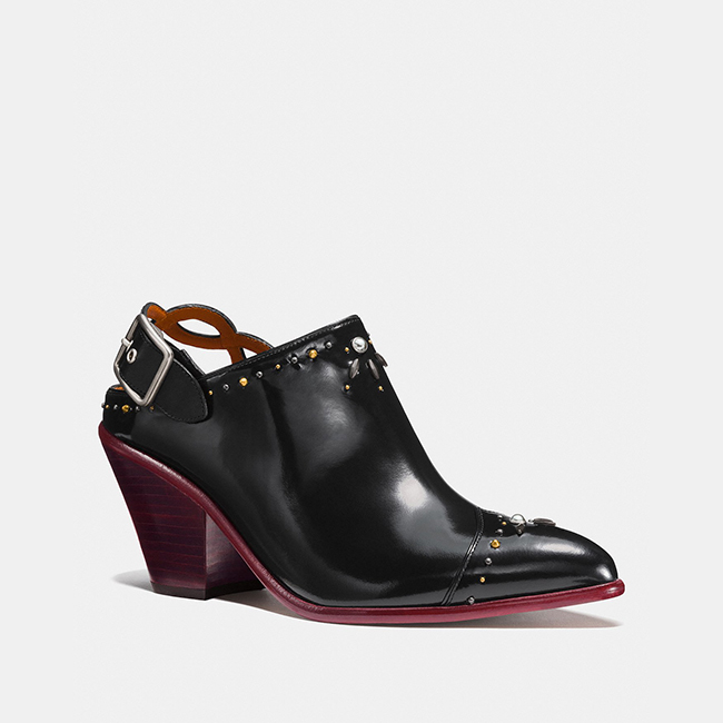 coach 1941/蔻驰 1941 女士黑色漆皮尖头铆钉装饰中跟靴 western mule