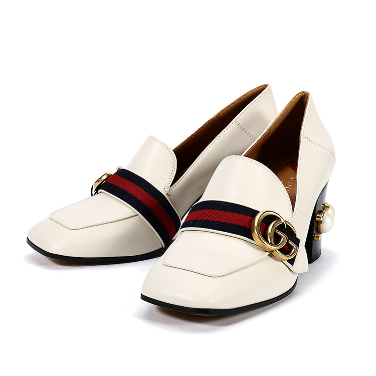 gucci(古驰) 象牙白色双g皮革中跟乐福鞋 37