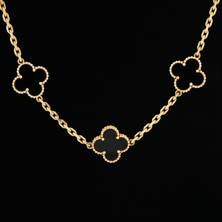 & arpels(梵克雅宝) vintage alhambra系列18k金黑玛瑙十四叶草项链