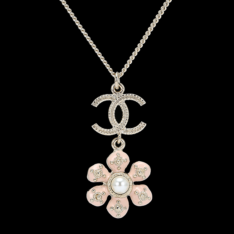 chanel(香奈儿)#浅金色双c粉色花朵吊坠项链