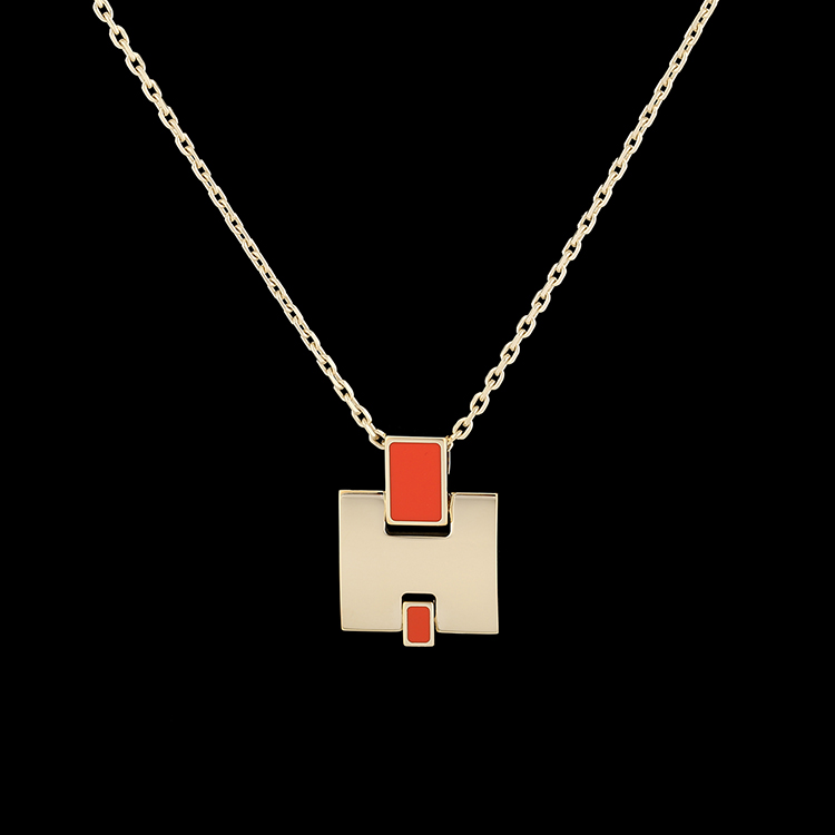 hermes(爱马仕)#橘色珐琅方形hlogo浅金色项链