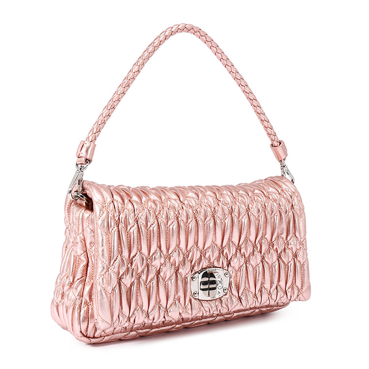 miumiu(缪缪)浅粉色褶皱皮质女士单肩两用包