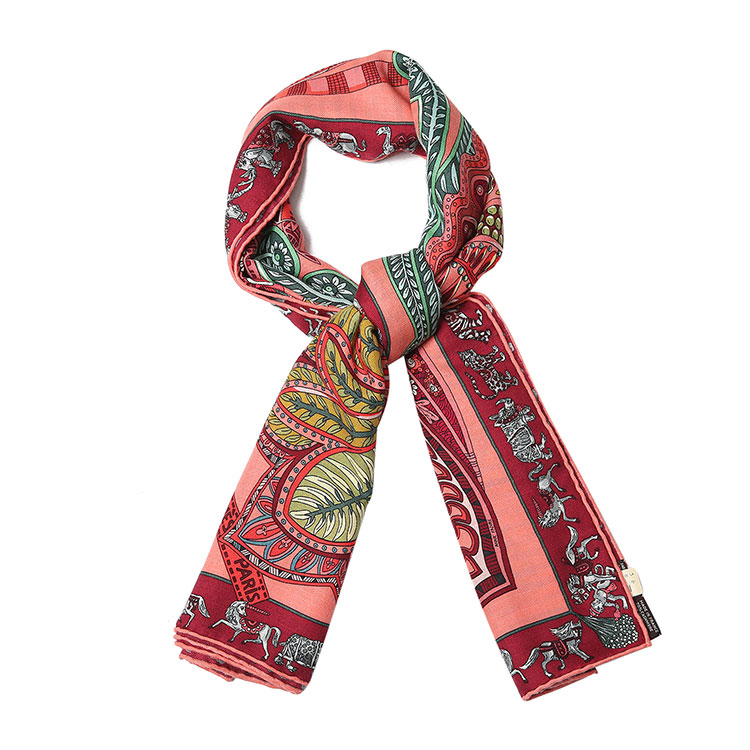 hermes爱马仕红色底花丛图案羊毛丝围巾