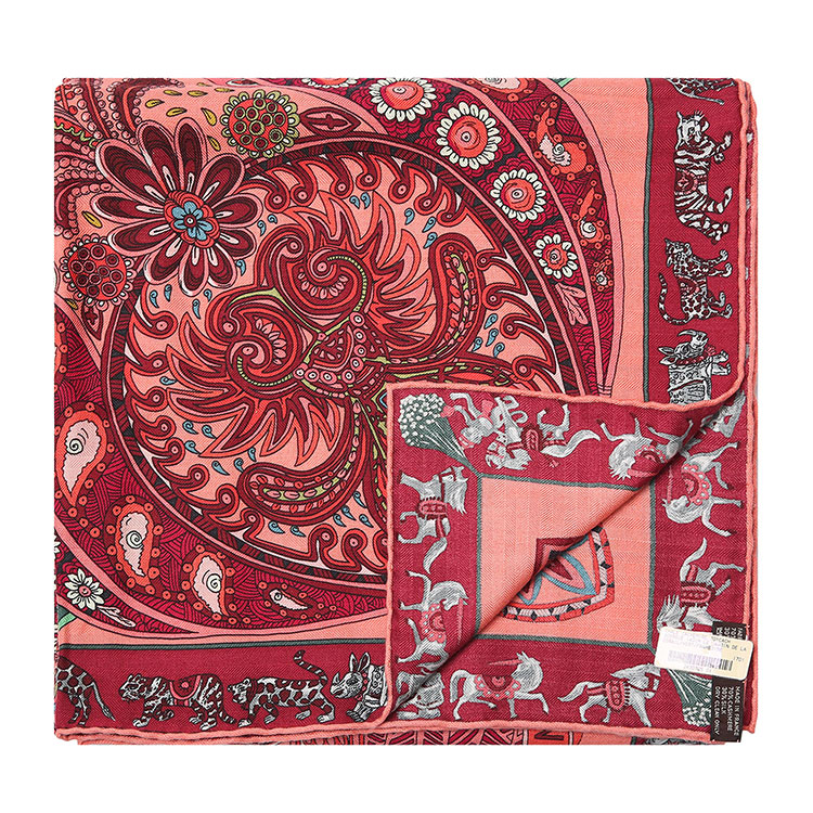 hermes爱马仕红色底花丛图案羊毛丝围巾