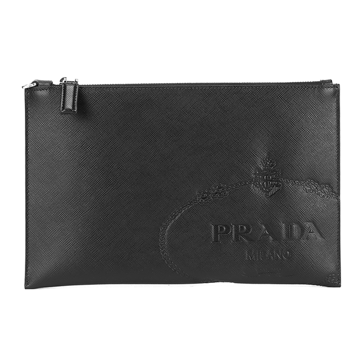 prada(普拉达) #黑色皮质logo图案男士手拿包