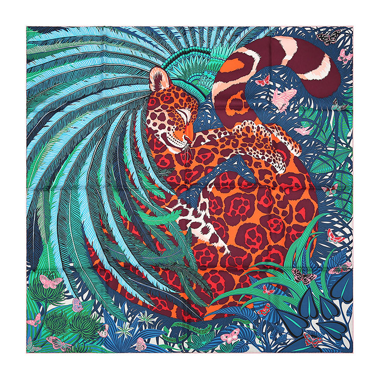 hermes(爱马仕)蓝/绿/红色蝴蝶植物图案 丝巾90