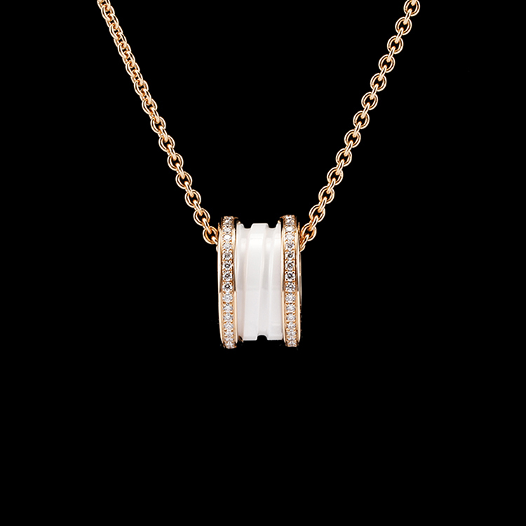 bvlgari(宝格丽) #b.zero1系列18k金白陶瓷三环吊坠镶钻项链
