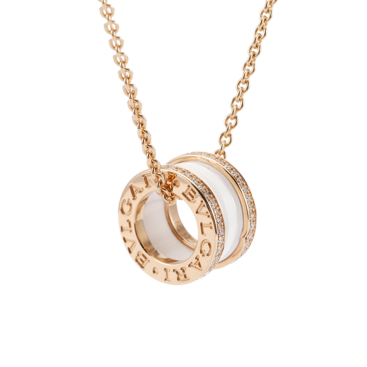 bvlgari(宝格丽) #b.zero1系列18k金白陶瓷三环吊坠镶钻项链