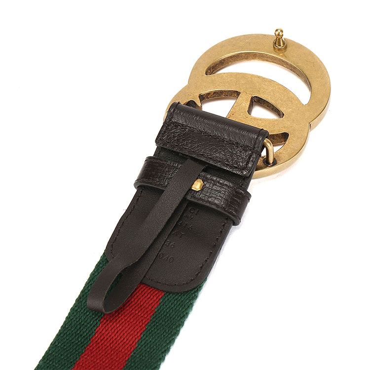 gucci(古驰) #红绿条纹拼棕色皮质复古金色双g板扣腰带95cm