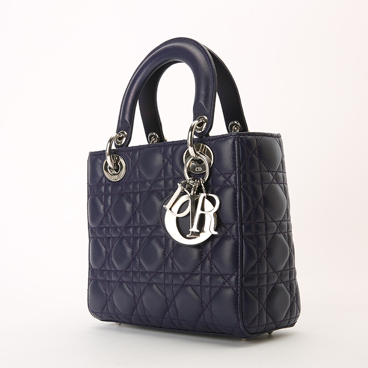 dior(迪奥) 经典款lady五格戴妃系列女士蓝紫色皮质两用包(徽章肩带)