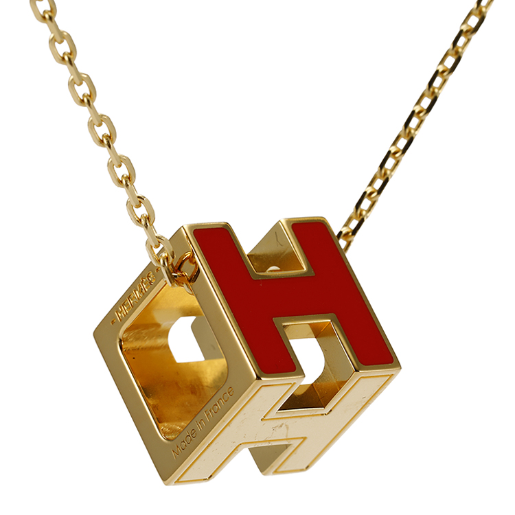 hermes(爱马仕) #橘红色珐琅立体方形h扣金色项链