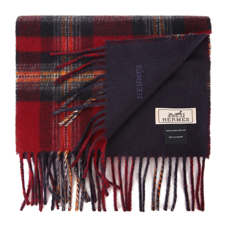 hermes(爱马仕) 枣红色格子羊绒围巾25×150cm